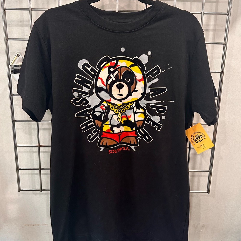 Black South Pole “Chasing Paper” Graphic T-Shirt with Bear Design